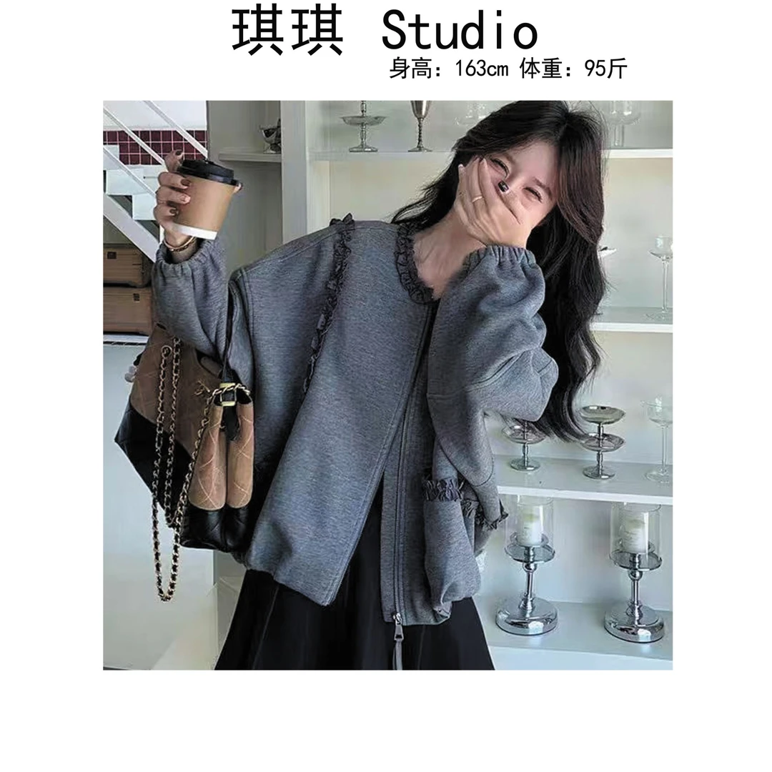 《琪琪家》秋季新款轻奢高级花边拉链宽松显瘦减龄百搭外套25838-B