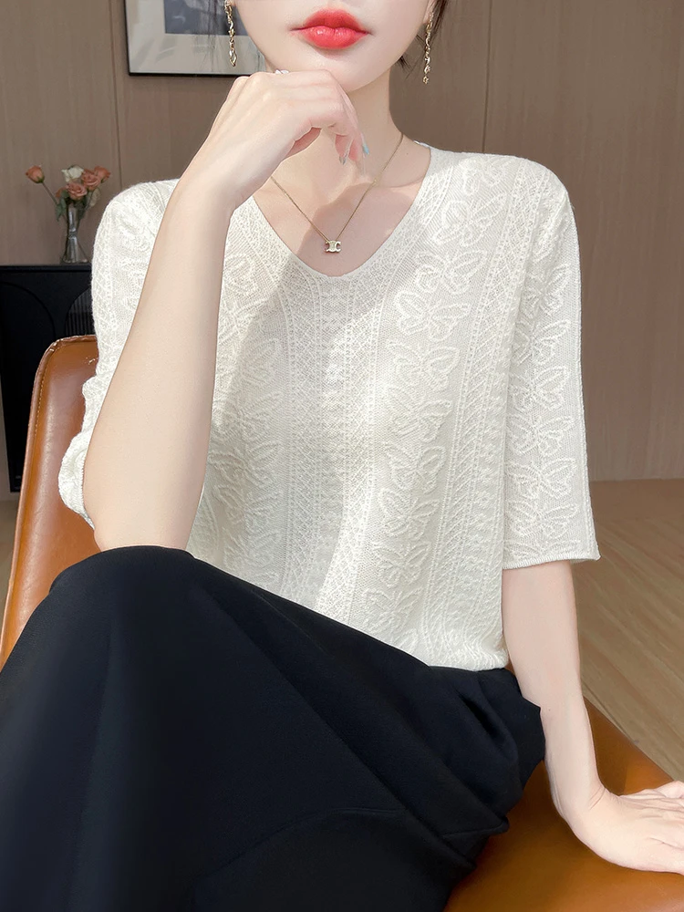 短袖套头提花气质女宽松春夏针织衫薄款夏季V领中袖显瘦洋气时尚