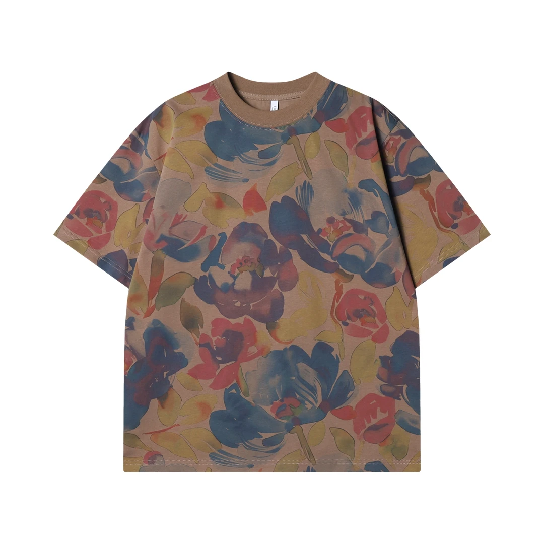 夏季高级感新款美式抽象彩色花卉圆领短袖T恤复古潮流宽松上衣