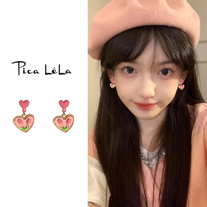 纯铜大理石耳饰 粉色爱心花朵耳环女2025新款爆款可爱耳钉轻奢小