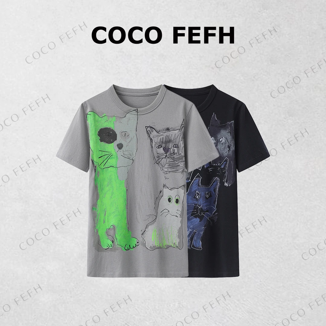 COCOFEFH 25年春新品T恤女上衣修身猫咪印花图案Z5267