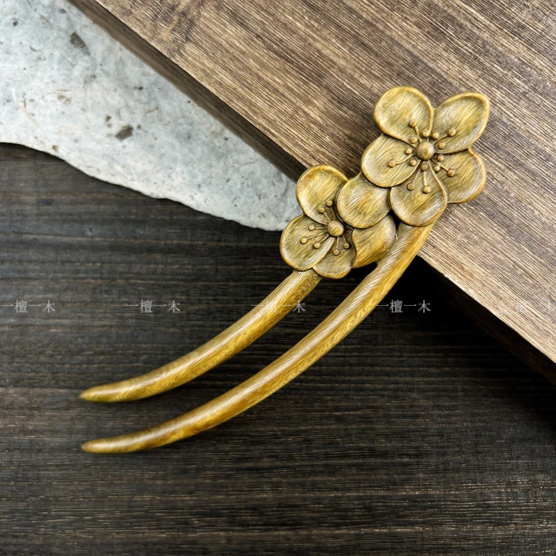 花开并蒂丨绿檀木u型双钗发簪高级国风中式发钗固定旗袍丸子头饰