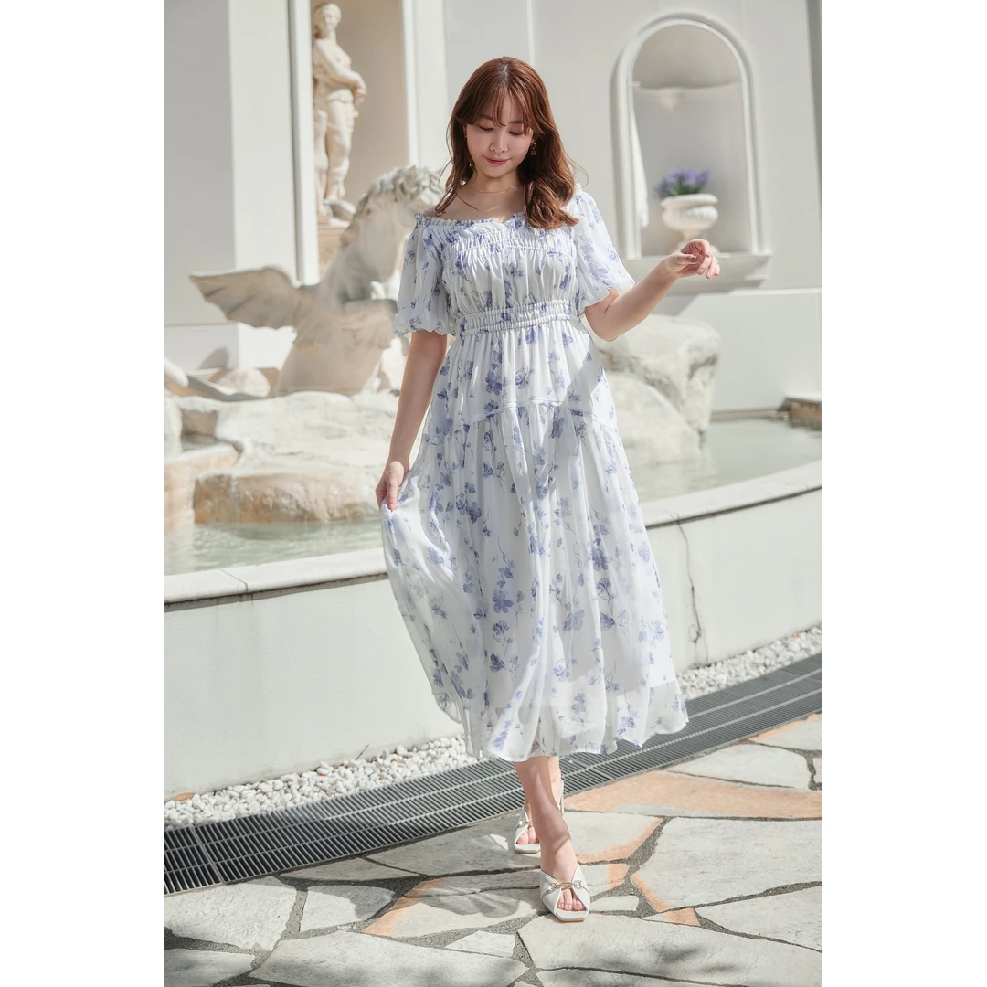 【MonTendre】夏季新款娘娘家泡泡袖高端短袖雪纺印花连衣裙