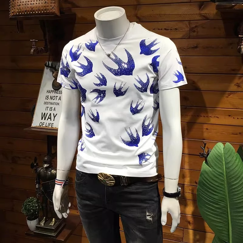欧洲站潮牌烫钻圆领短袖男 夏季个性潮流修身t恤衫丝光棉印花半袖