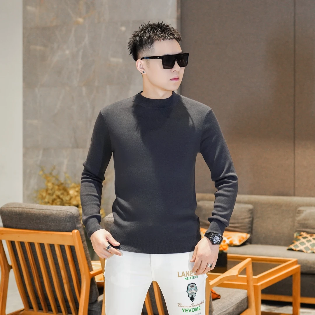 新款轻奢男装圆领柔软纯色全羊毛毛衣针织衫打底欧货潮牌17020