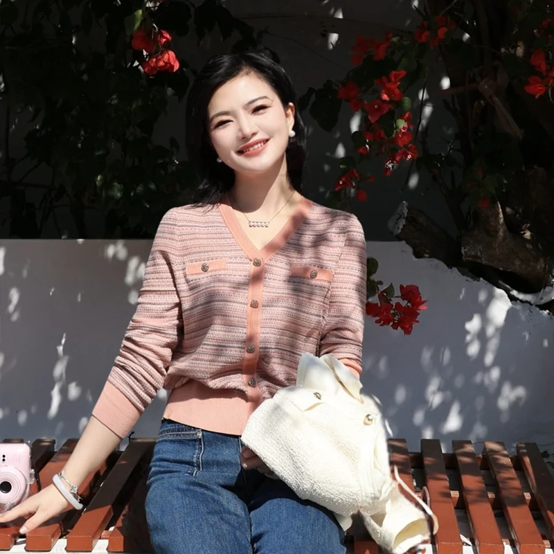 枫竺阿楠anan 柔情晚风 莱赛尔V领小香风十五色纱长袖针织衫女秋