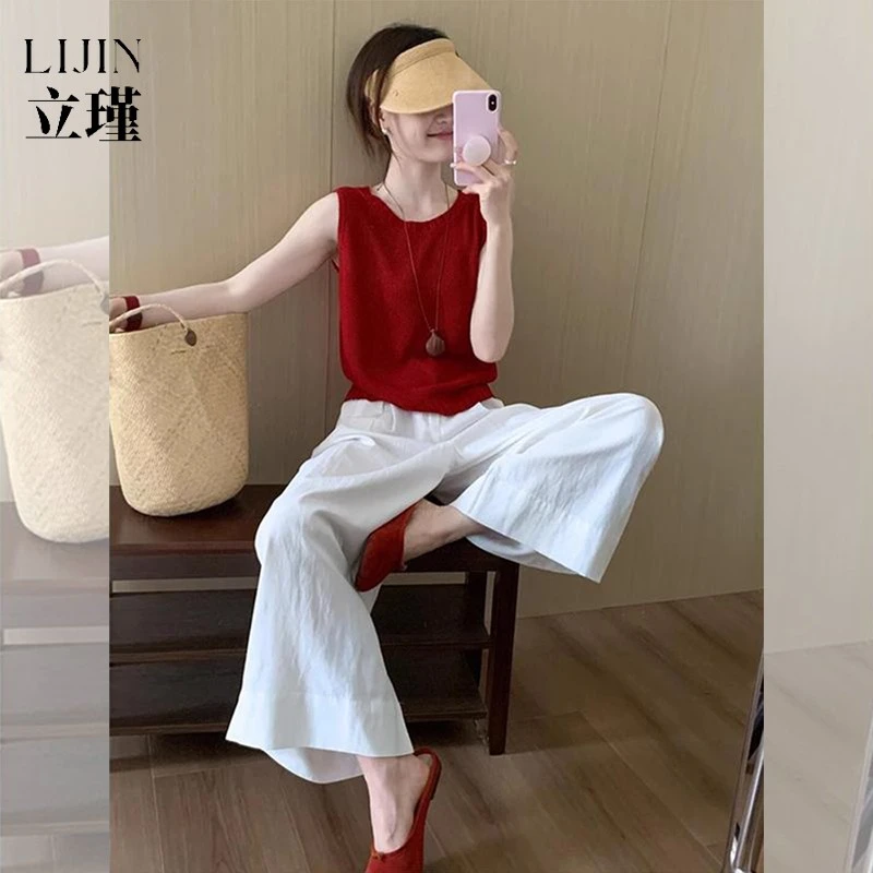 大方得体多巴胺减龄2025初夏高级穿搭红色针织背心裤子两件套女