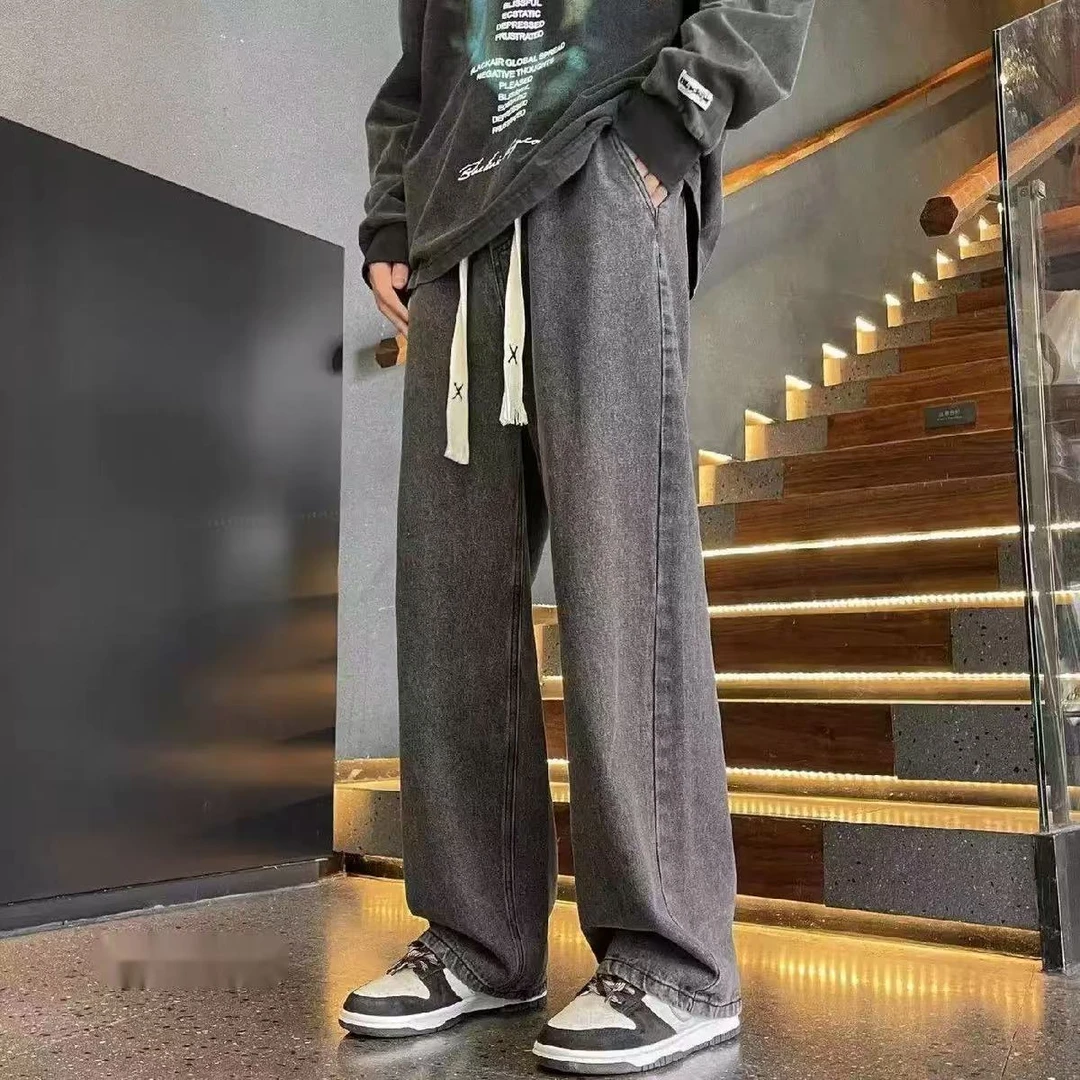 长裤裤子秋季男微弹力免烫系带牛仔裤宽松高街直筒百搭潮流男士