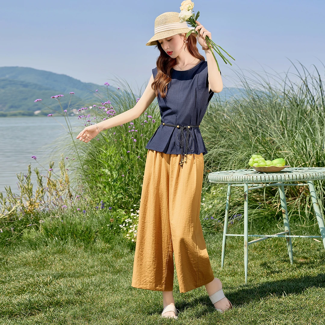 2025夏装新款时尚棉麻休闲无袖套装二件套