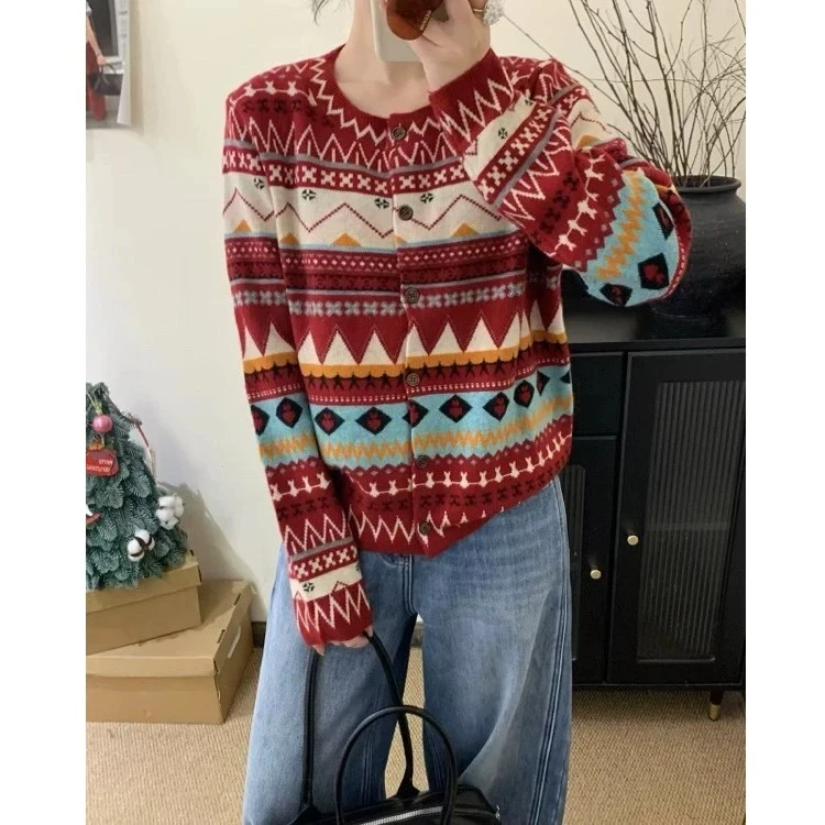 费尔岛复古民族风提花圆领针织开衫女2025春季秋冬毛衣外套20