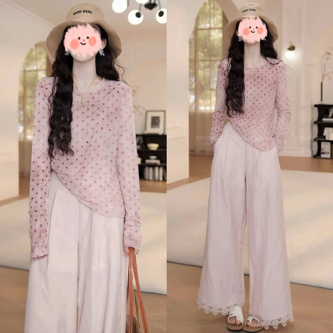 洋气衣服女2025夏季波点收腰长袖防晒T恤上衣显瘦直筒裤气质套装