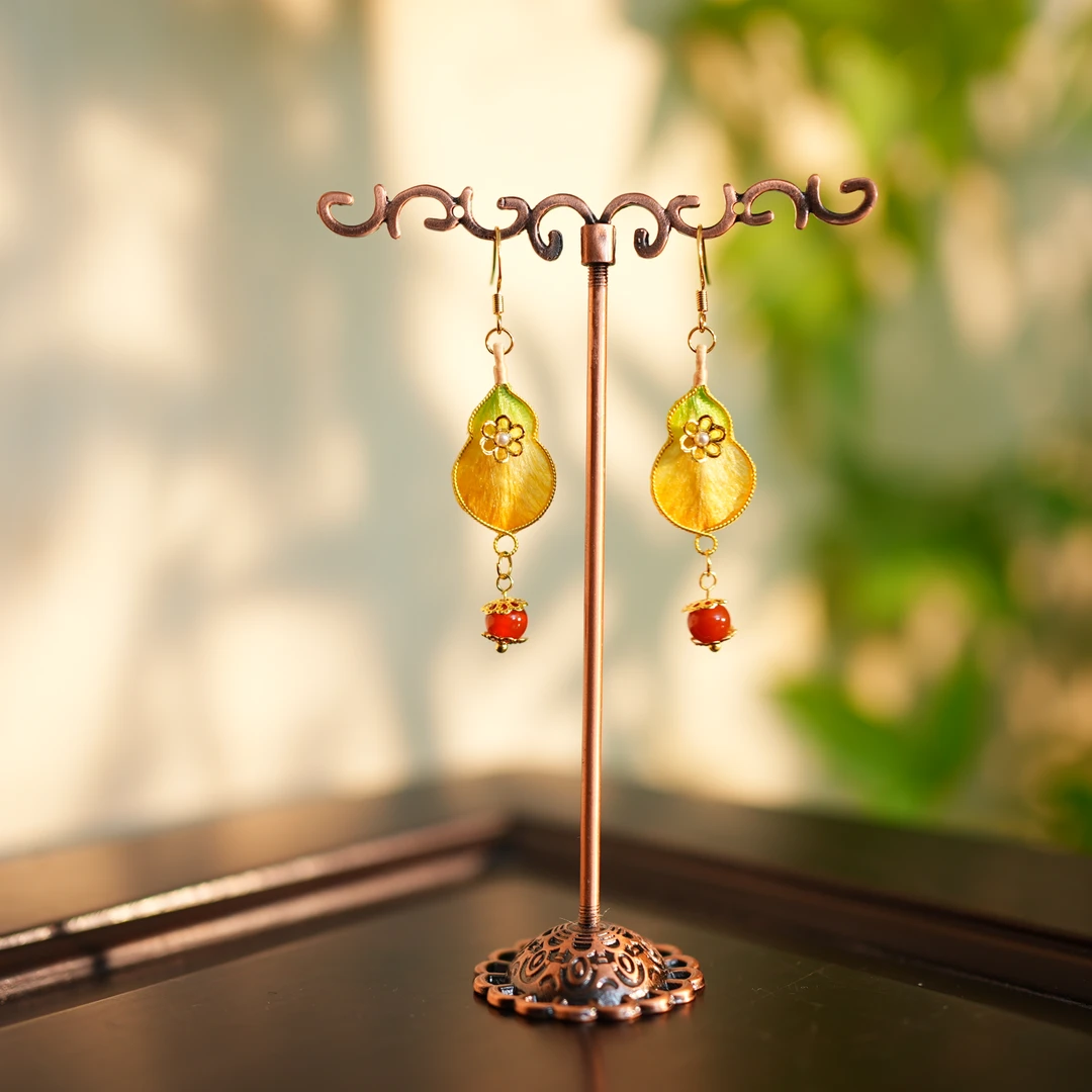 【葫芦耳饰】金色 非遗绒花掐丝工艺 国风仙女礼品