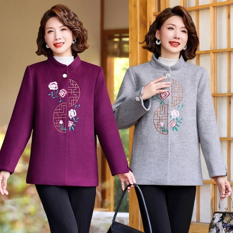 老年人秋装女奶奶装唐装外套衣服妈妈婆婆宽松太太冬冬季毛呢外套