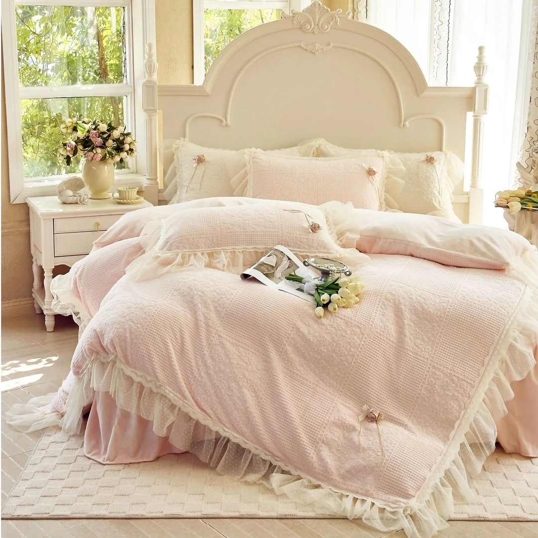 欧式雕花牛奶绒四件套床裙款冬季公主风双面绒加厚被套防滑抗静电
