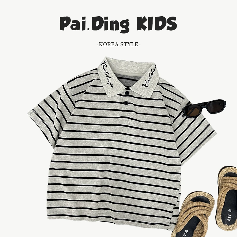 【派町现货】夏装儿童韩版时尚经典撞色条纹POLO领短袖T恤SJ5884