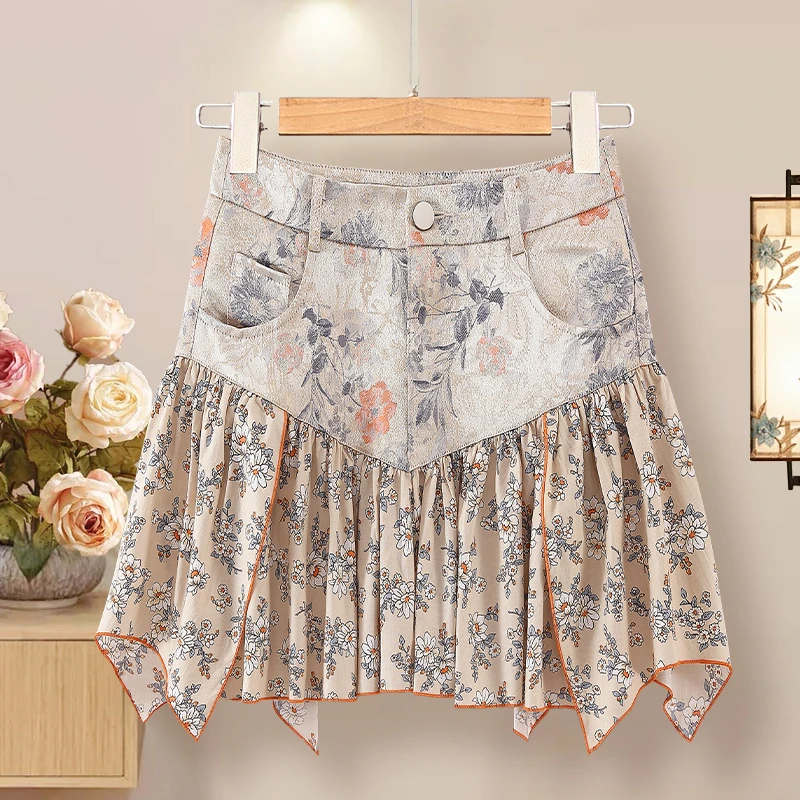 高腰A字不规则拼接短裙半身裙女2025新款夏裙子中国风百搭碎花裙