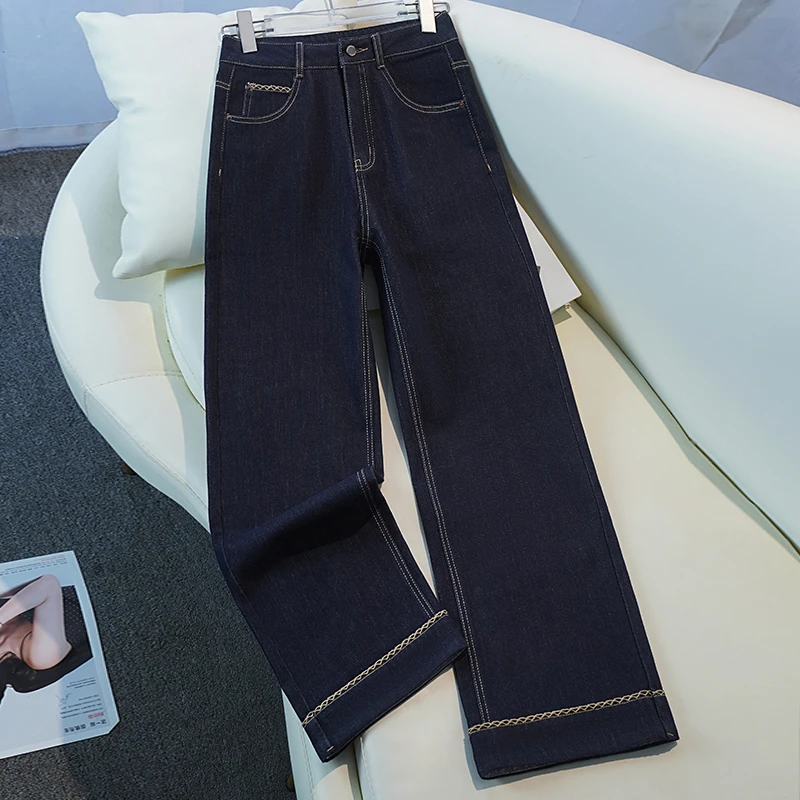 丹宁蓝直筒牛仔裤女2025春秋新款高腰显瘦时尚百搭休闲窄版阔腿裤