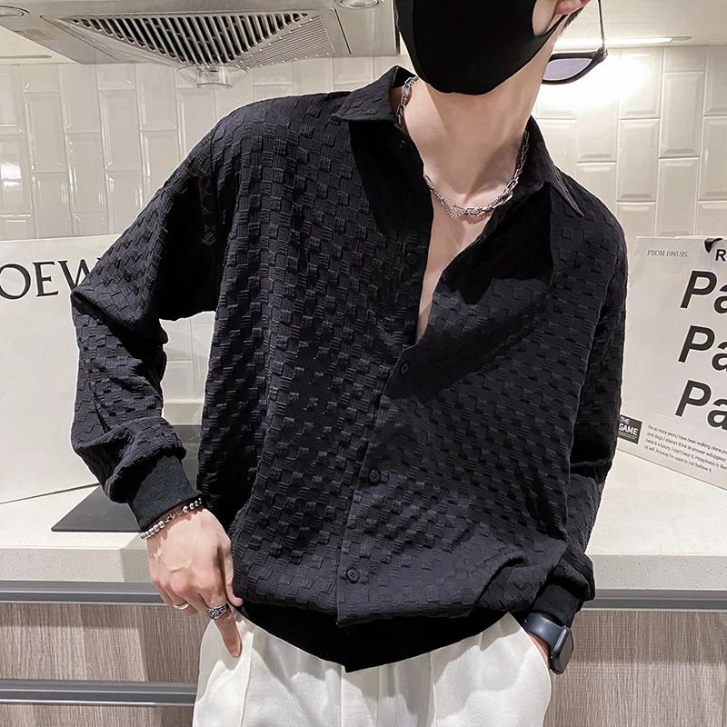 男士纯色格子衬衫长袖黑色蝙蝠衫宽松2025新款春秋季上衣衬衣外套