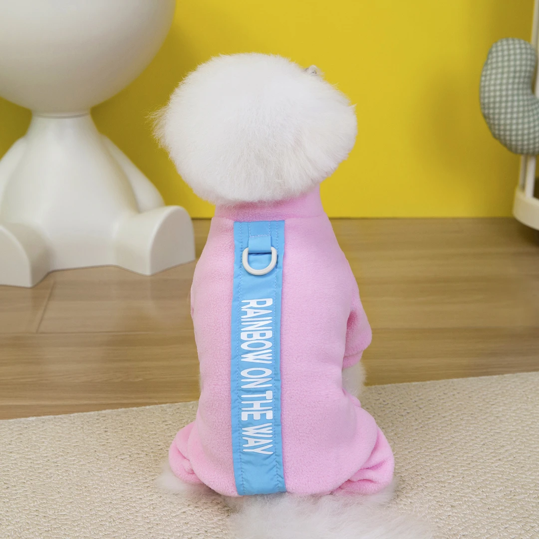 宠物猫狗适用绒款透气可爱糖果色衣服外出用牵引扣运动装比熊泰迪