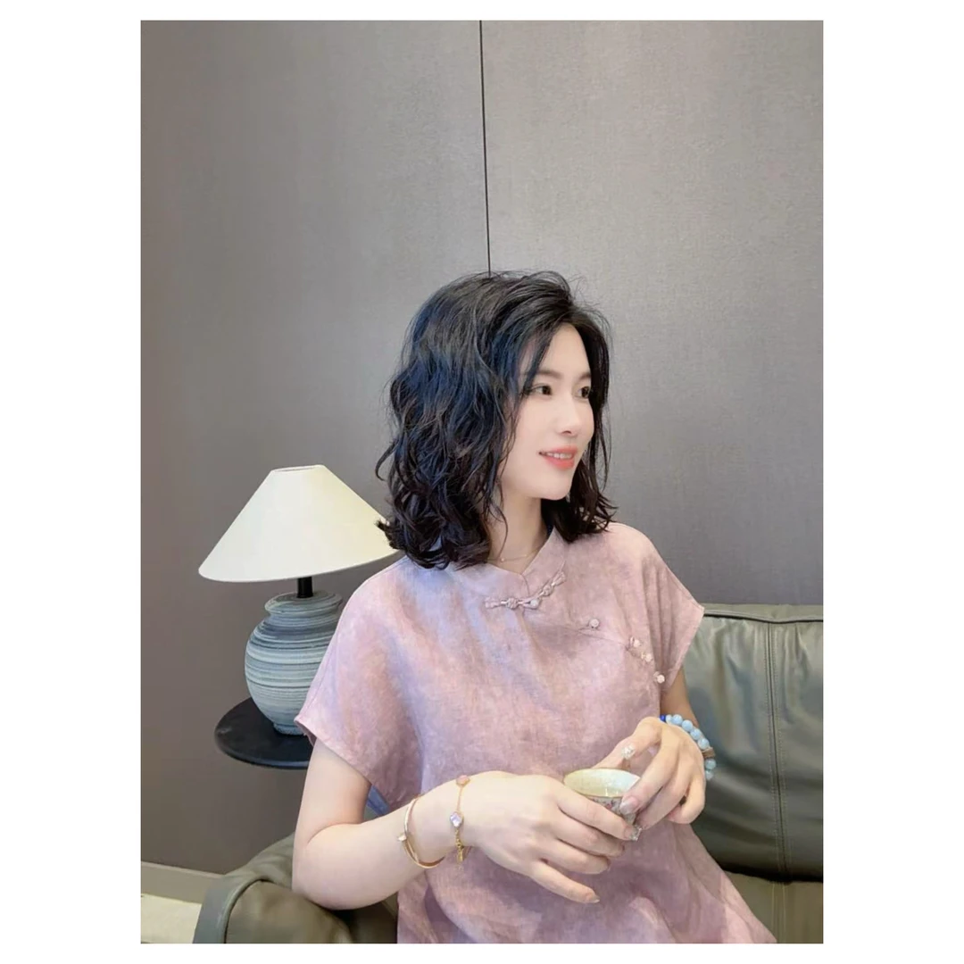 【玫瑰花萝】印花薄款休闲风斜襟复古小立领新中式半袖小衫25282