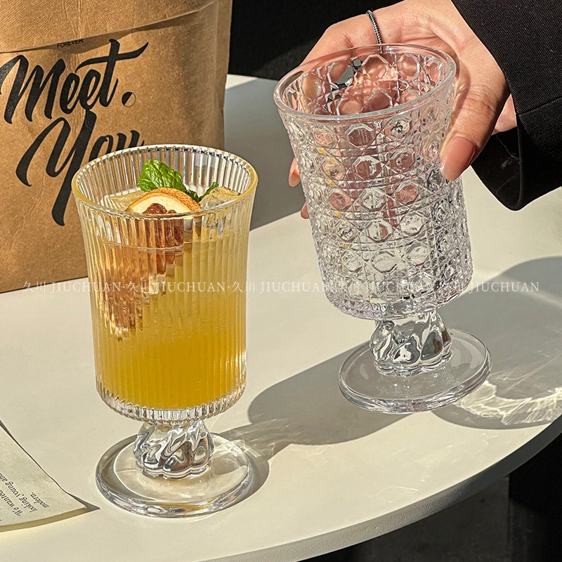 中古浮雕高脚玻璃杯小众设计红酒杯威士忌酒杯高颜值果汁杯咖啡杯
