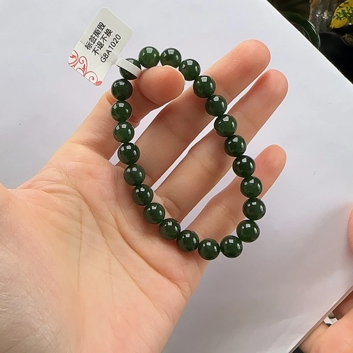 和田玉未镶嵌手链浓菠菜绿卡8m