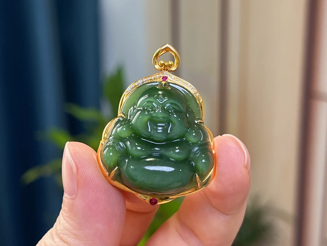 【玉缘汇】18k金镶嵌和田玉碧玉冰绿猫眼佛公 裸石30mm（不含链子