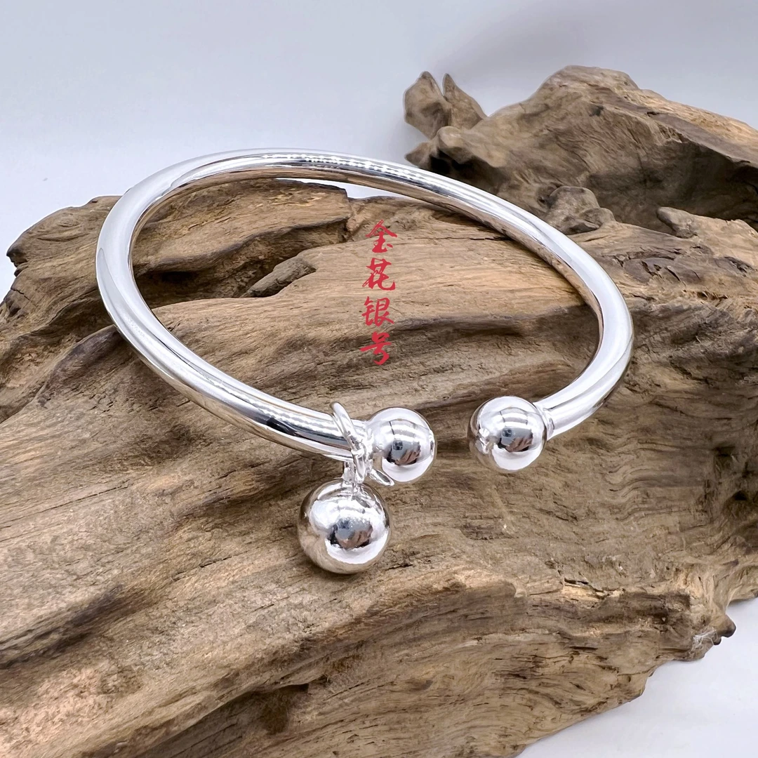 足银手镯 足银有求必应手镯【九分】女款手工时尚简约素圈镯子传承