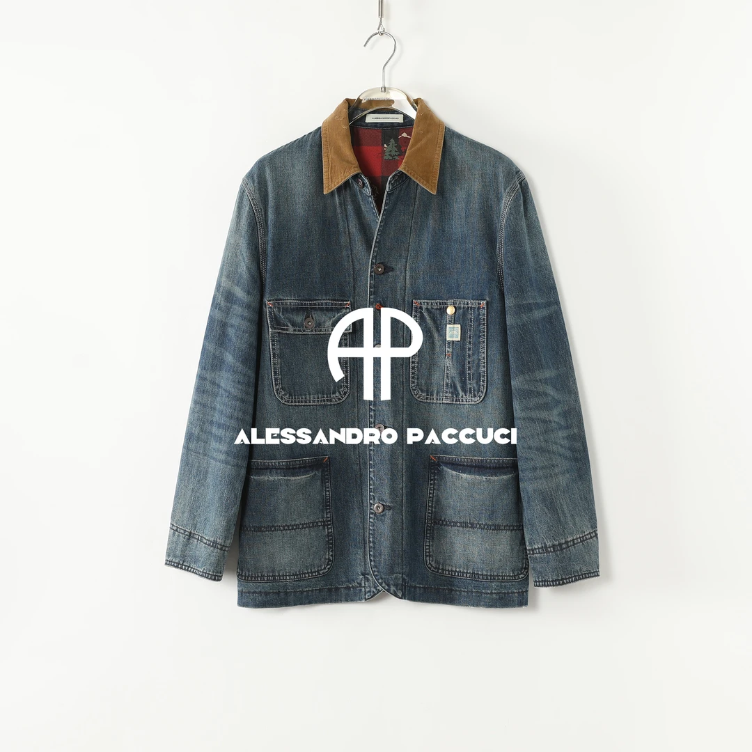 AP洛哥54060NW【限量/褪色契约】棉撞色翻领破洞做旧复古牛仔外套