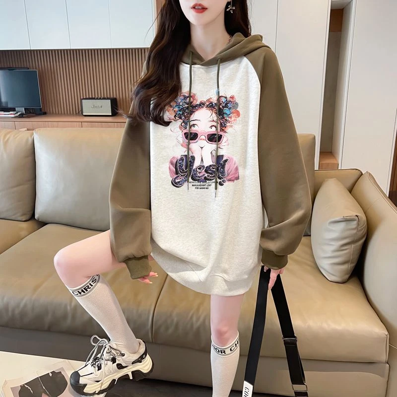 春秋大码薄款连帽撞色卫衣女中长款洋气宽松高级感显瘦上衣ins潮