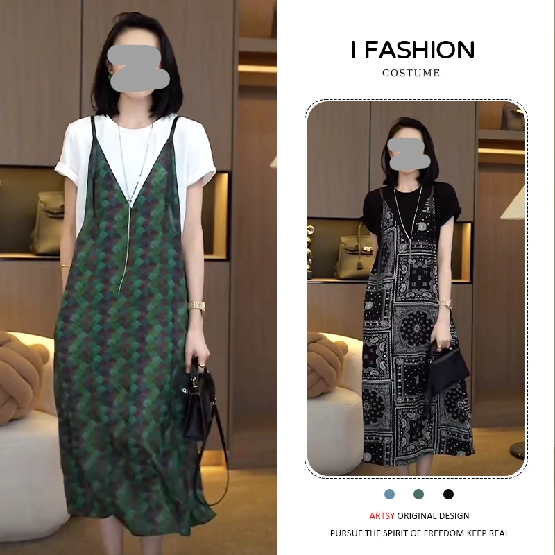 高级感休闲减龄连衣裙女2025年夏季新款复古宽松遮肉显瘦拼接裙子