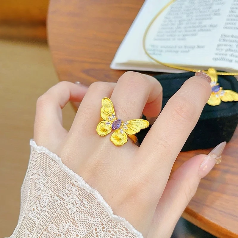 足银戒指 古法蝴蝶戒指气质轻奢时尚百搭梦幻彩色