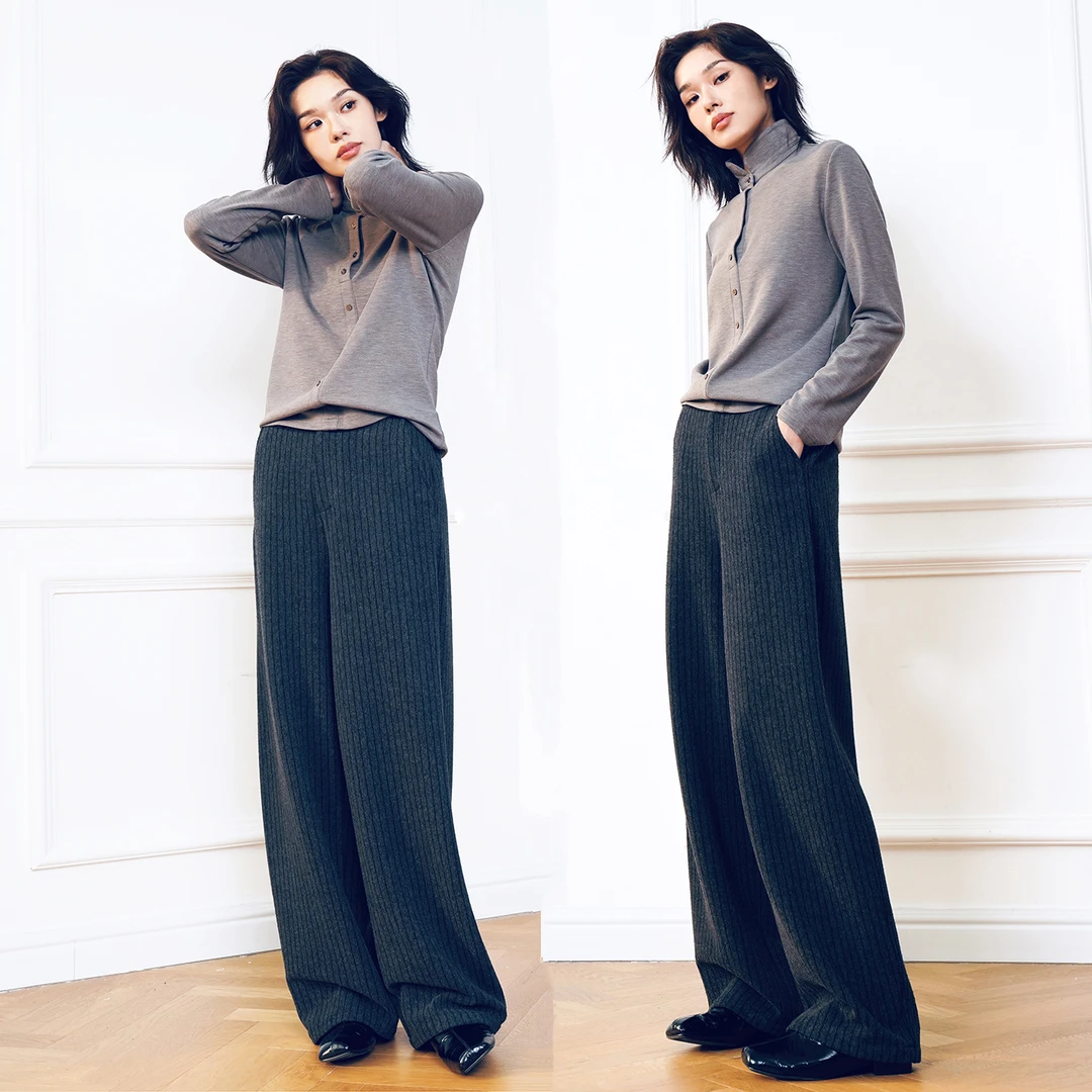 条纹裤女士休闲宽松长裤高腰洋气阔腿裤显瘦保暖女裤秋冬百搭