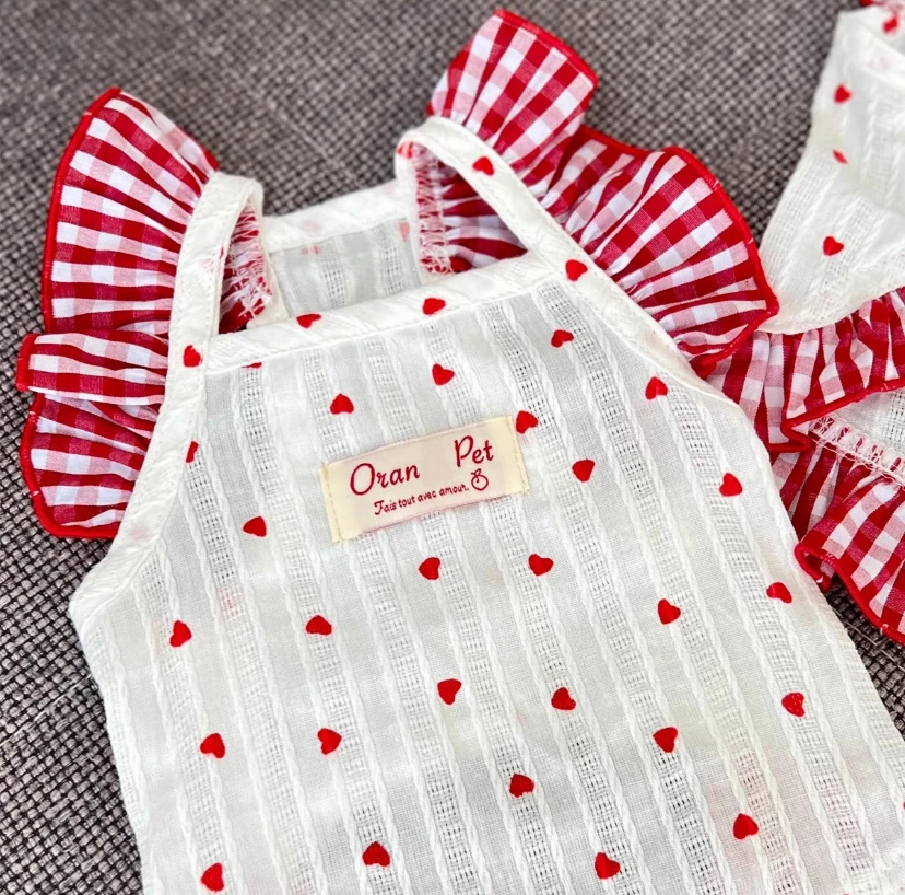 原创宠物小爱心飞袖红格子宠物服装