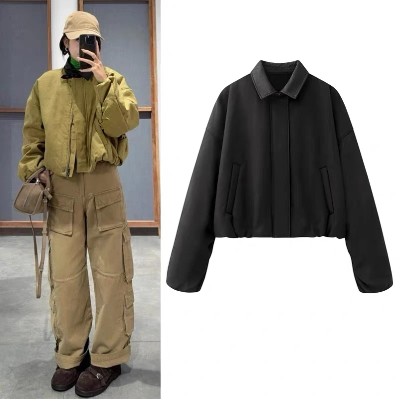 【冬日】秋冬新款复古巴恩风撞色皮扣小翻领短款棉服外套3026