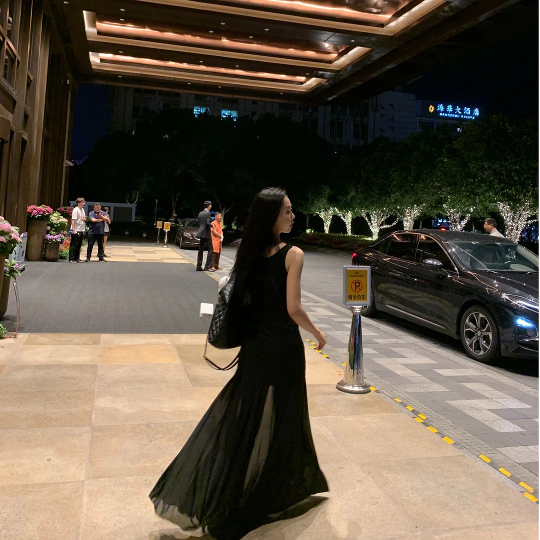 干敏皮【夜幕轻纱】黑色连衣裙 真两件修身显瘦性感小黑裙