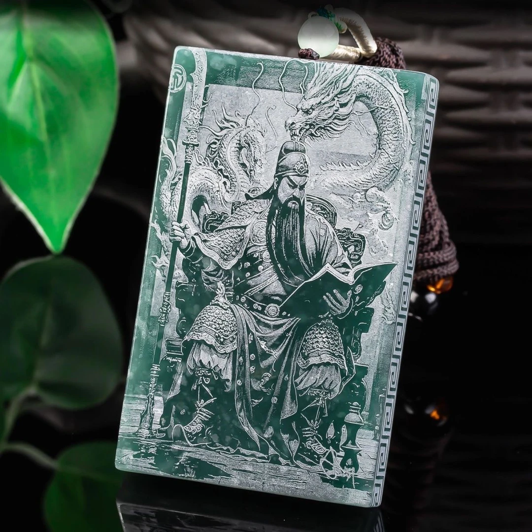 天然a货翡翠大关公牌项链双面精工影雕冰种玉石关羽二爷吊坠挂件