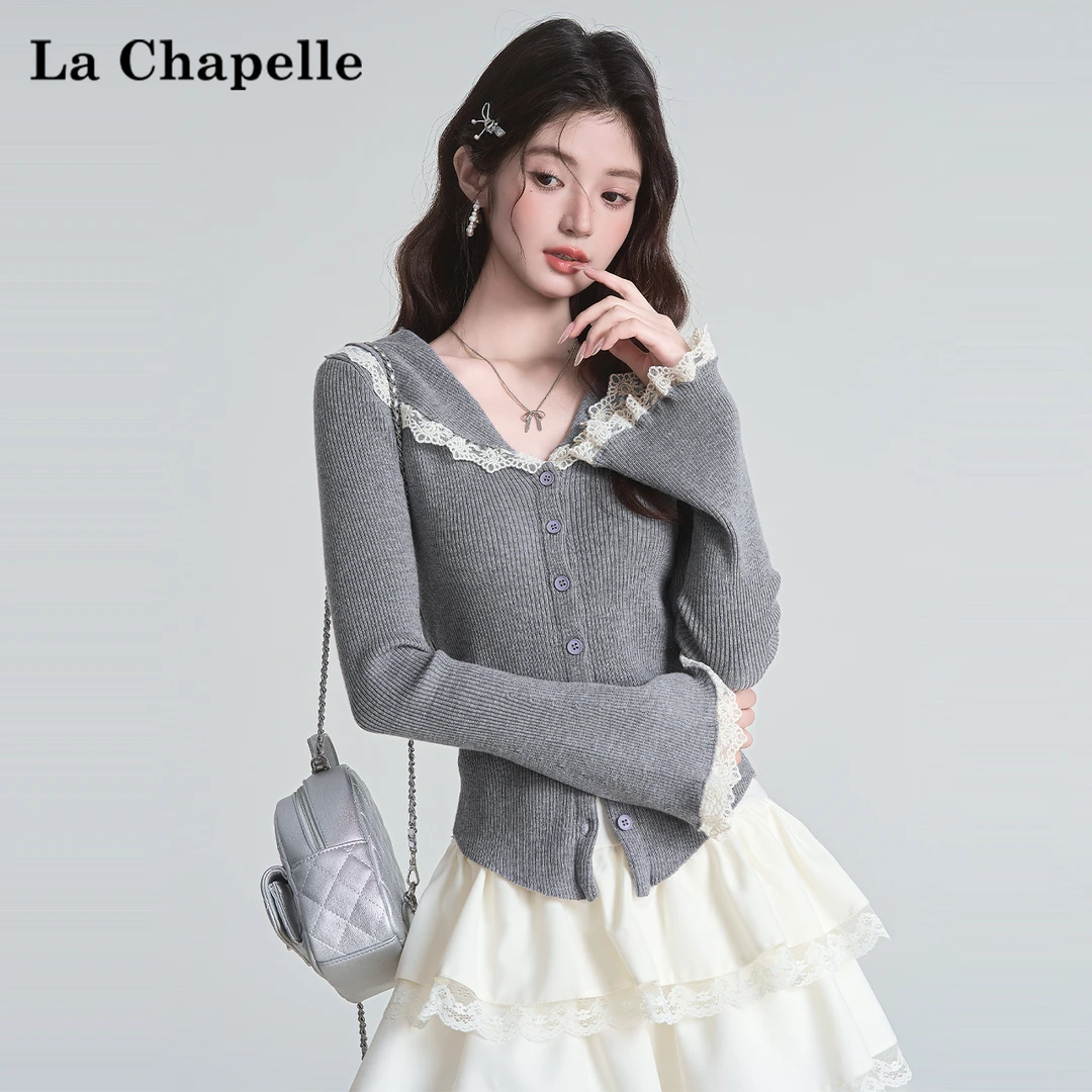 拉夏贝尔早秋韩版纯欲风蕾丝撞色长袖针织开衫女单排扣打底衫上衣