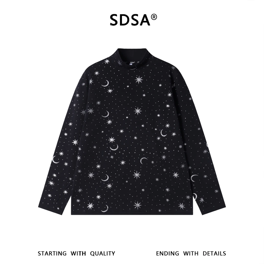 SDSA男士秋冬新款痞帅男装简约满印星星月亮印花立领长袖T恤百搭