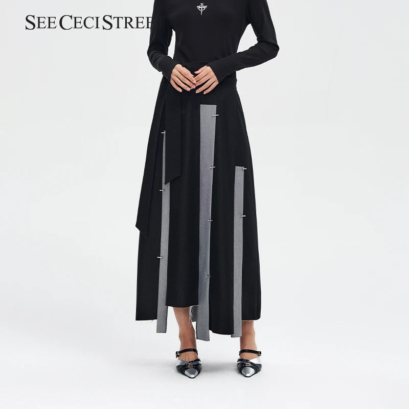 【全员请开播】SCS撞色设计感复古女士气质仿牛仔半身裙BQ34Q05059