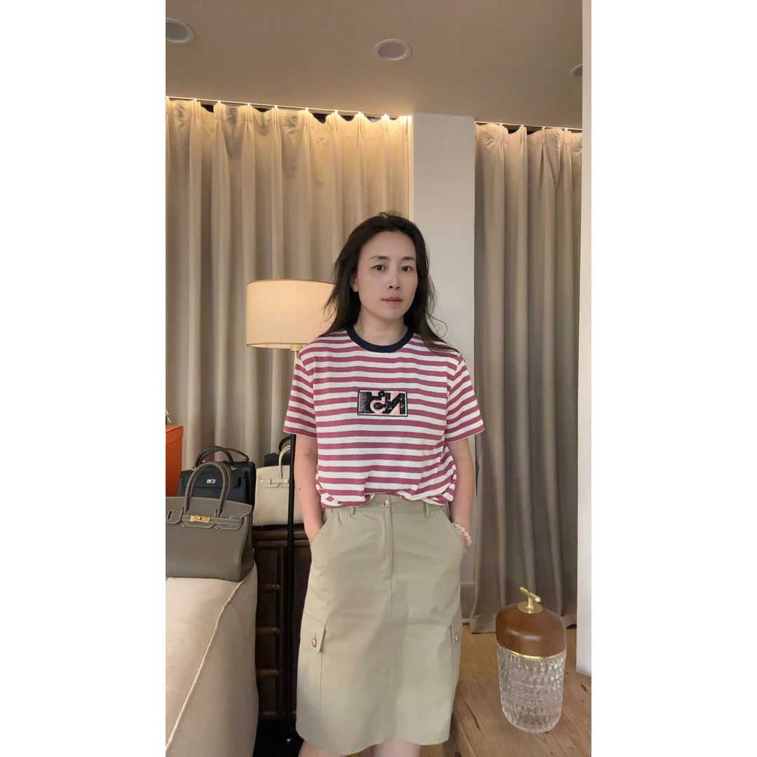 撞色条纹中古绣花亮片圆领短袖T恤MA5SYDZ0497