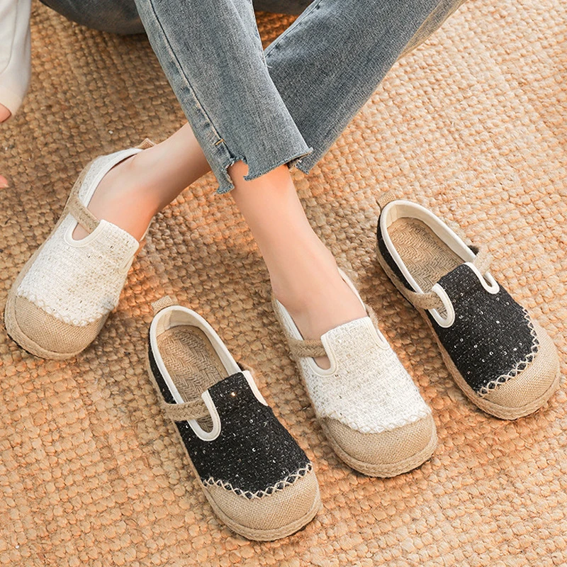 民族风平跟亮片透气低帮布鞋单鞋软底小香风棉布老北京布鞋女鞋