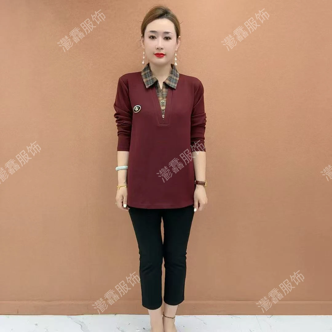 秋季新款时尚妈妈装方领时尚大码洋气遮肚显瘦长袖假两件小衫2025