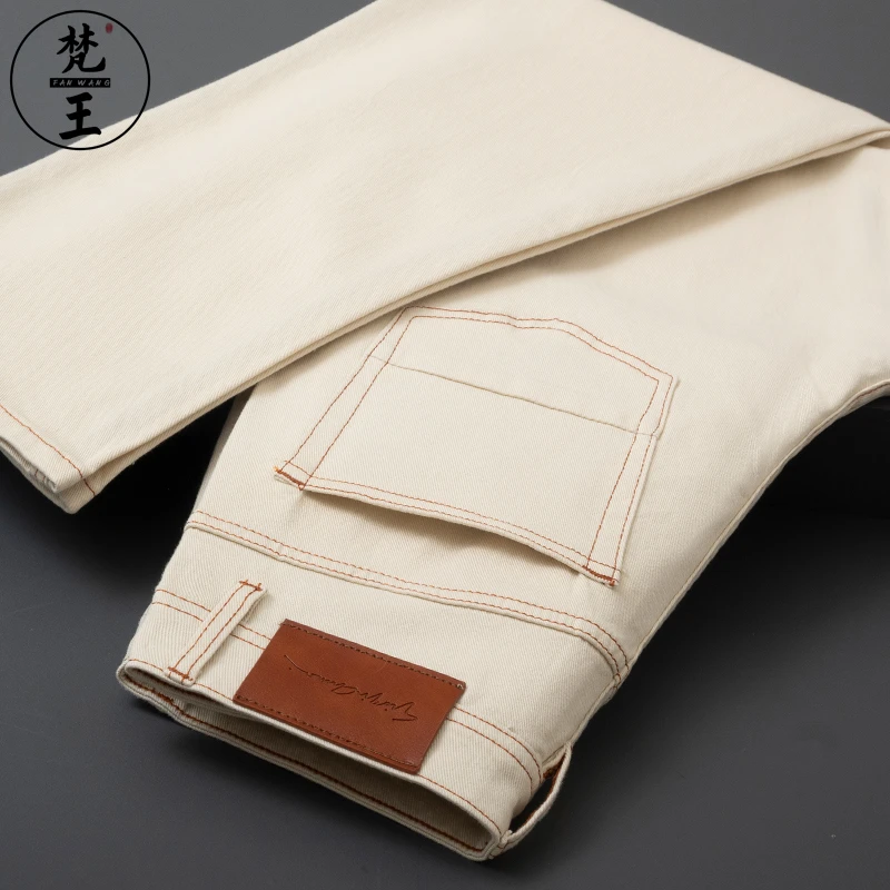 FANWANG/梵王春夏牛仔裤男修身冰丝薄款冰白色小直筒休闲百搭长裤