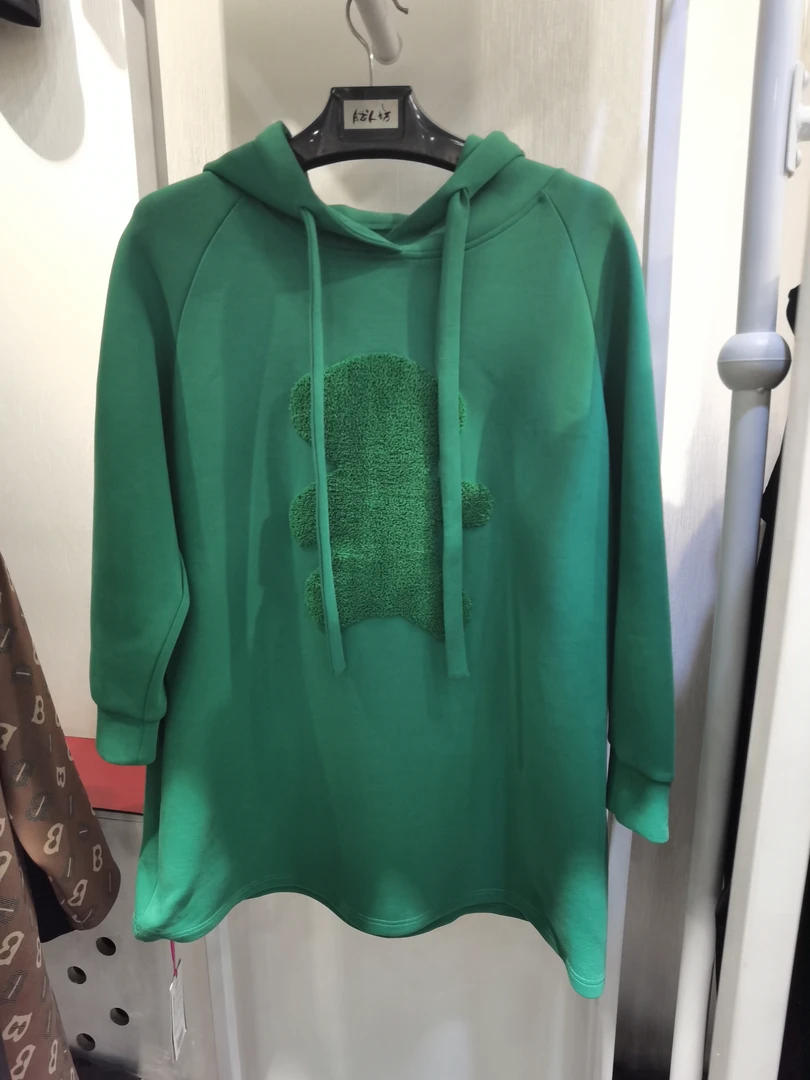 胖人坊毛巾绣中长连帽卫衣