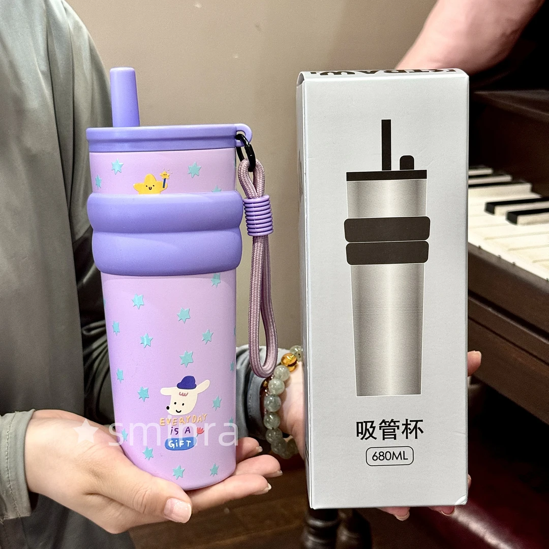 吸管保温杯大容量水杯2025新款女高颜值316无缝车载杯子可爱时尚