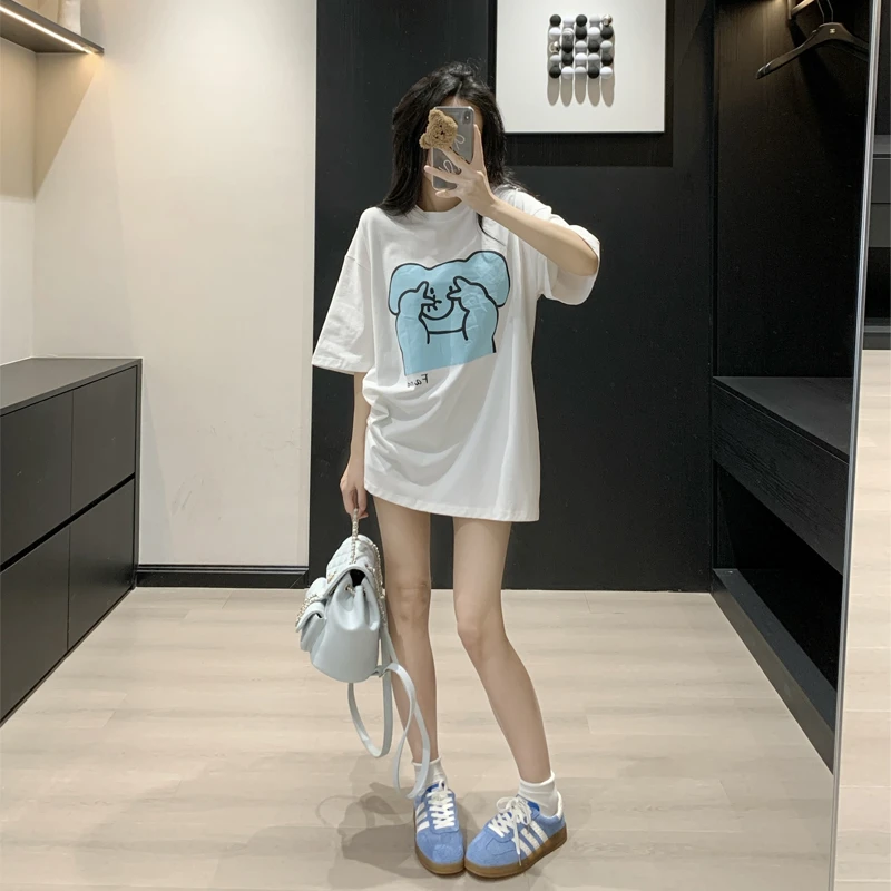 网红洋气炸街白色纯棉短袖t恤女款夏季宽松中长款印花慵懒风上衣