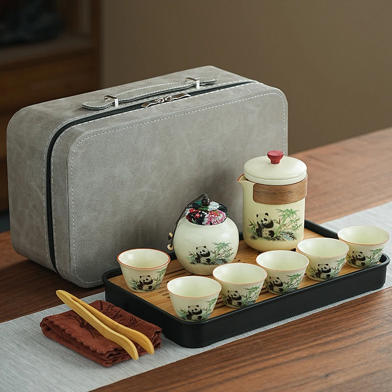 国风汝窑熊猫功夫茶具便携式户外旅行茶具泡茶壶嘉奖纪念定印logo