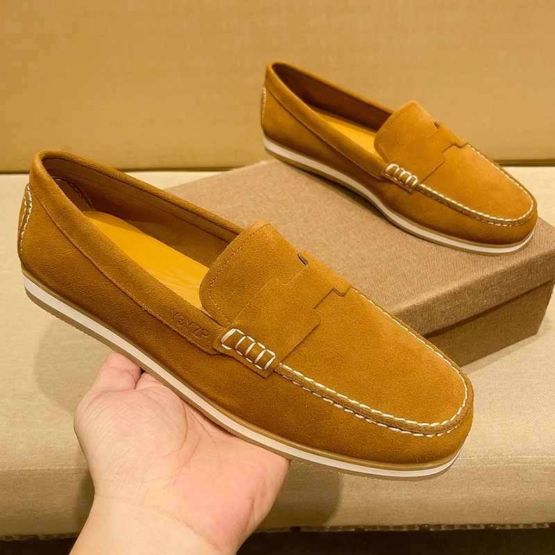 SCAVIOLA男款卡其色复古豆豆鞋春秋款青年商务休闲港风通勤皮鞋潮