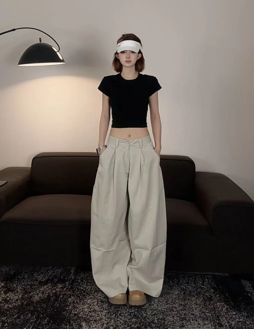 复古垂感休闲女2025新款褶皱宽松显瘦阔腿#59016